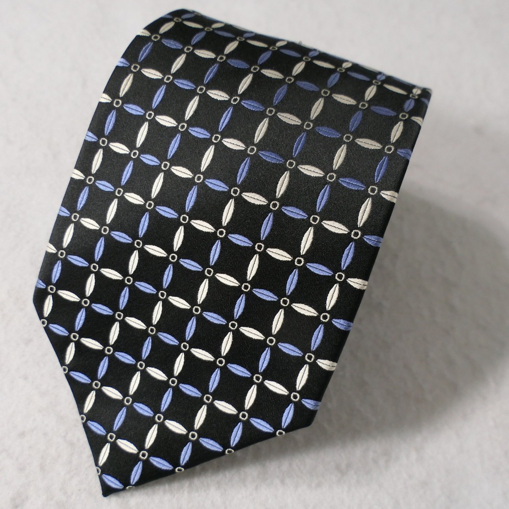 Pierre Cardin Mens Necktie OS Black Blue Silver Geometric Silk Classic Preppy